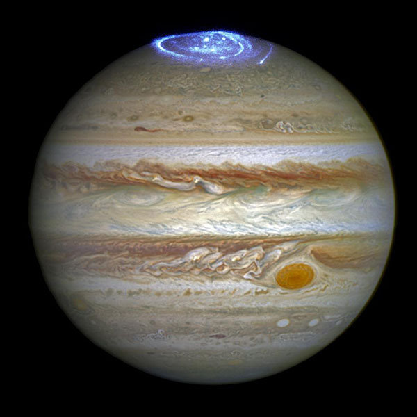 Jupiter's northern aurora which appears blue on photo.