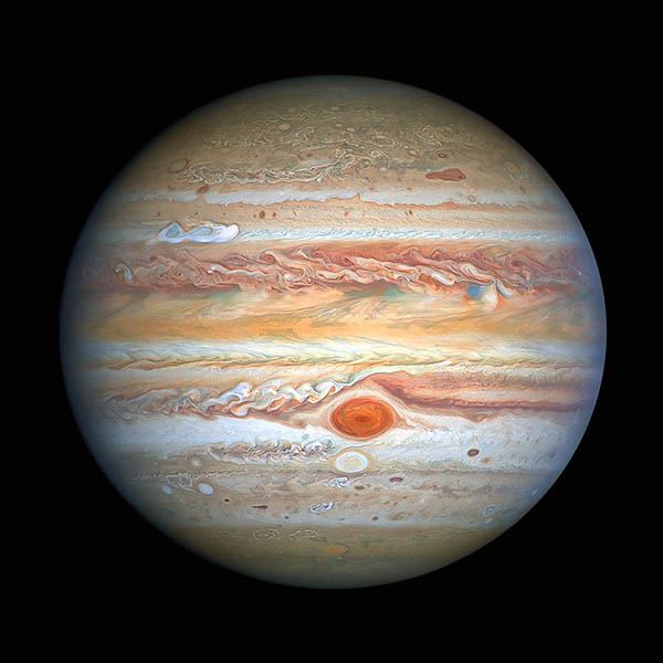 View of Jupiter's coloful bands of clouds and storms.