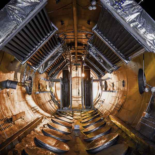 The orange and silver interior of a spacecraft.