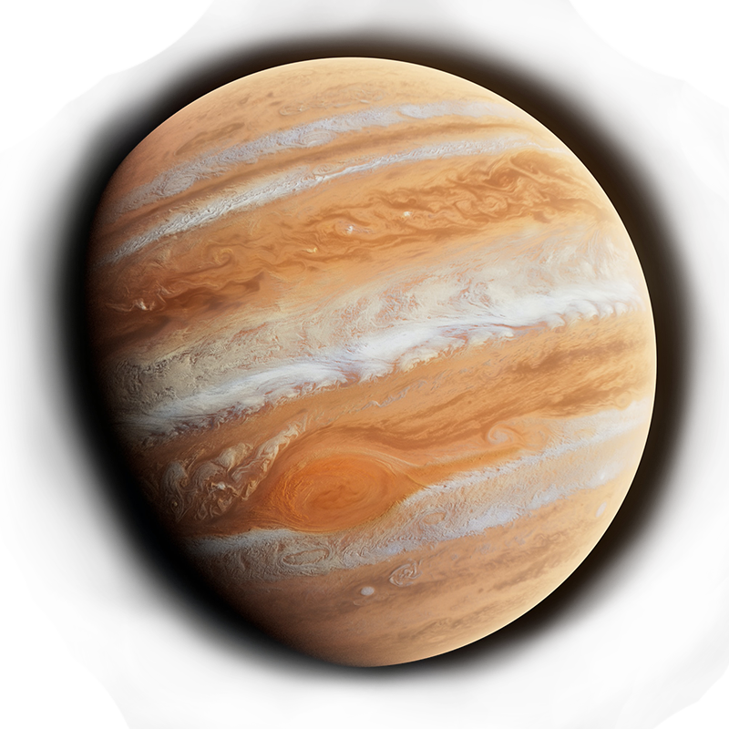The planet Jupiter. It is orange and tan with many bands and swirls. The Great Red Spot is visible.