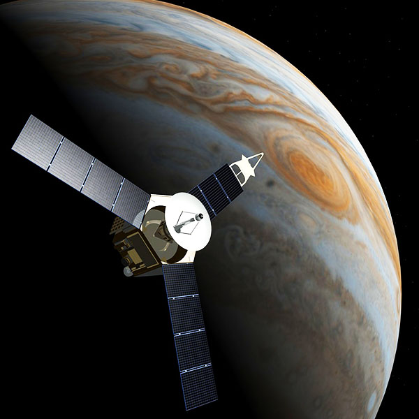 A space probe flying over Jupiter.